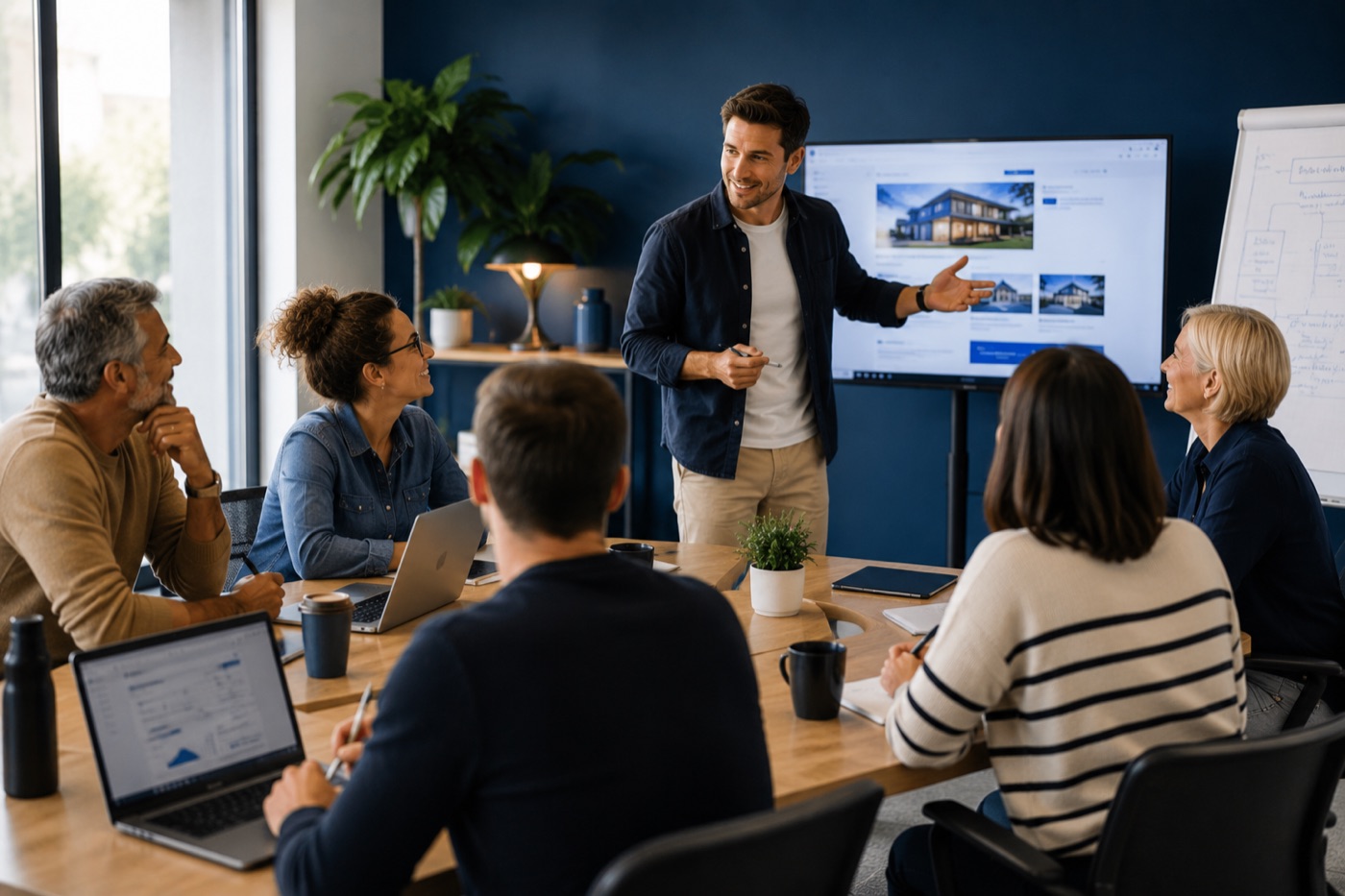 Conseillers immobiliers en formation, en petit groupe autour d'une table