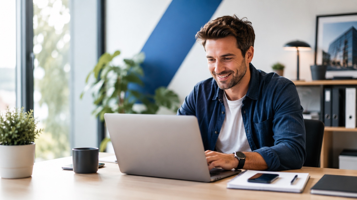 Conseiller immobilier au travail sur son ordinateur portable