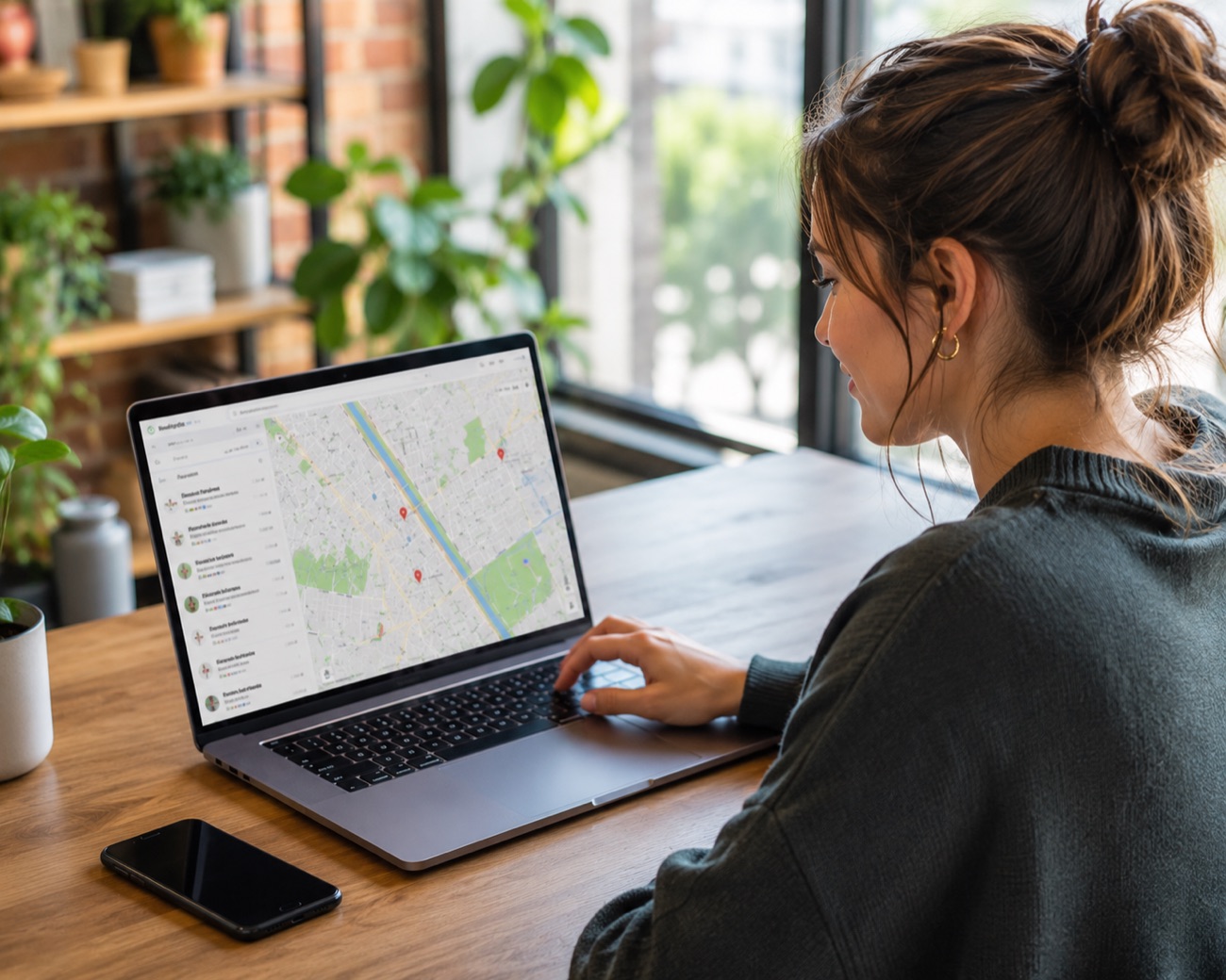 Conseillère consultant une carte de son secteur sur son ordinateur